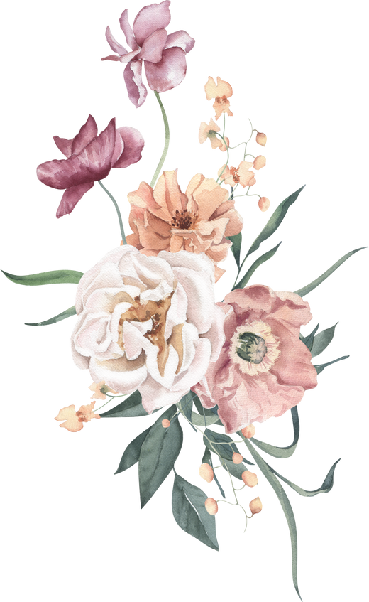 Watercolor Bouquet with Rose, Poppies and Leaves